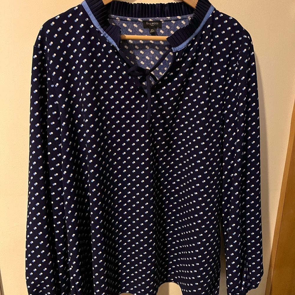 Talbots Blue Polkadot Ruffle Tie Neck Blouse 2x